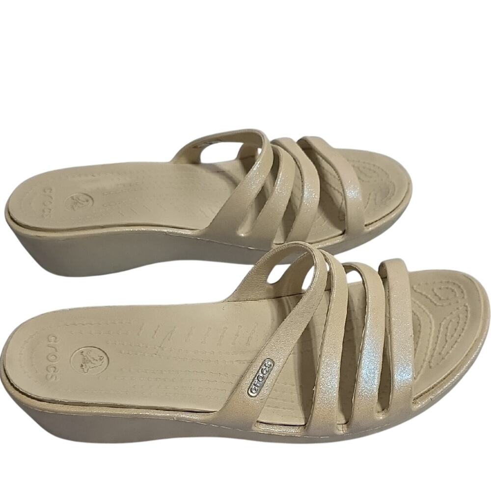CROCS Womens Sz 9 Rhonda Beige Strappy Wedge Slide Sandals